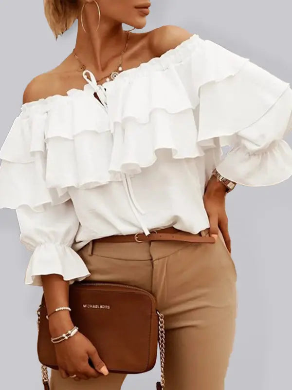 Women's Solid Color 3/4-sleeves Double-ruffled Off-the-shoulder Tie-neck Blouse kakaclo