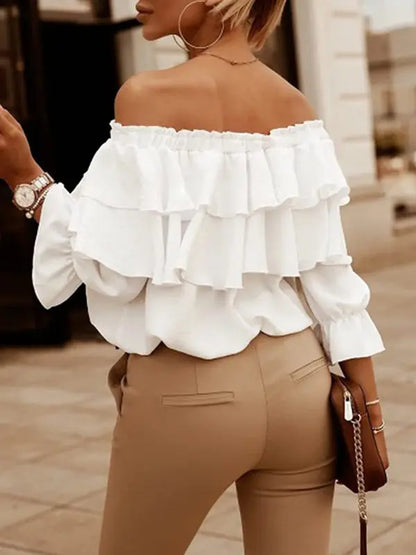 Women's Solid Color 3/4-sleeves Double-ruffled Off-the-shoulder Tie-neck Blouse kakaclo