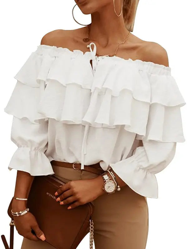 Women's Solid Color 3/4-sleeves Double-ruffled Off-the-shoulder Tie-neck Blouse kakaclo