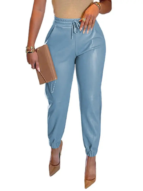 Women's Solid Color Faux Leather Drawstring Pants kakaclo