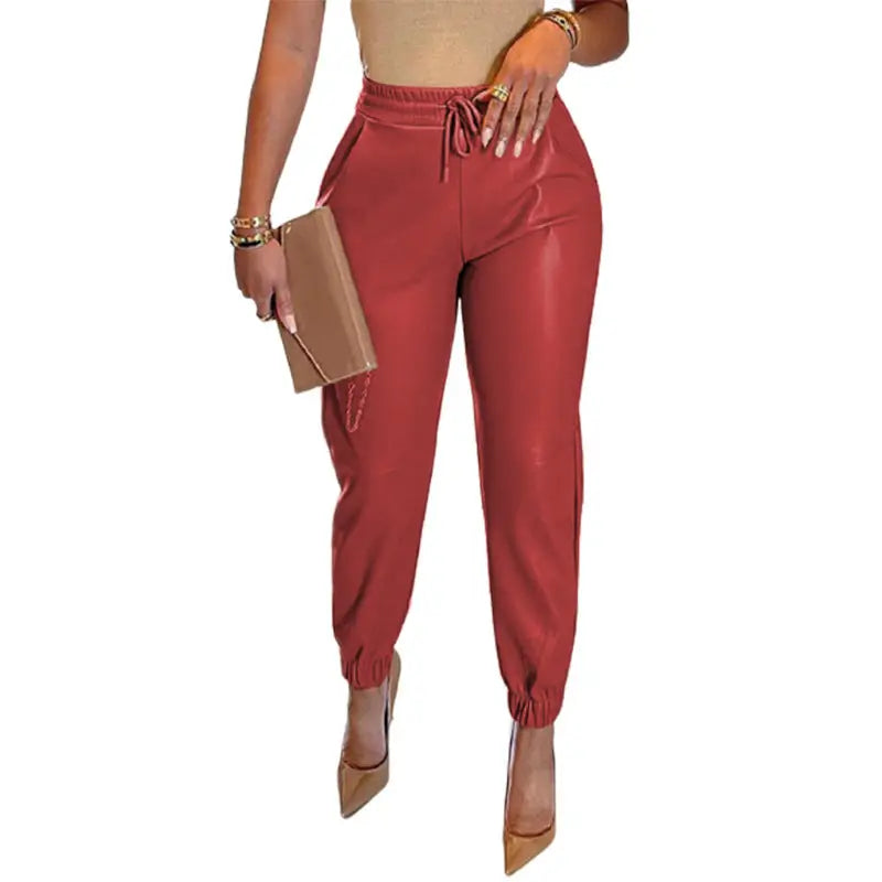 Women's Solid Color Faux Leather Drawstring Pants kakaclo