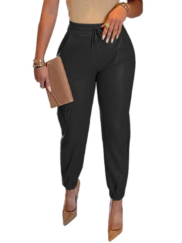 Women's Solid Color Faux Leather Drawstring Pants kakaclo