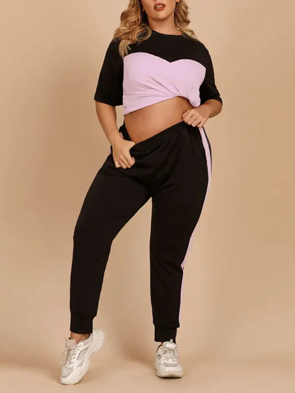 Womens Plus Size Contrast Top With Matching Active Pants Set kakaclo