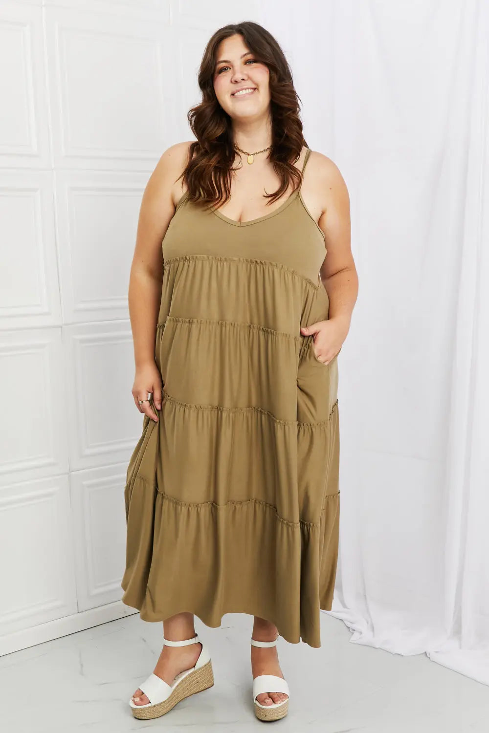 Zenana Full Size Spaghetti Strap Tiered Dress with Pockets in Khaki Trendsi
