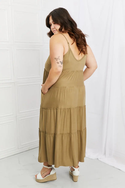 Zenana Full Size Spaghetti Strap Tiered Dress with Pockets in Khaki Trendsi