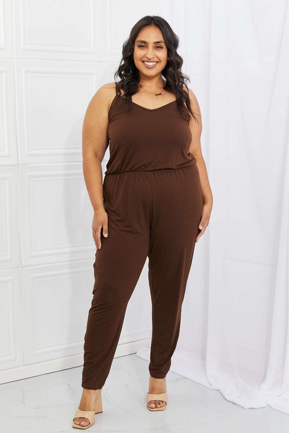 Capella Comfy Casual Full Size Solid Elastic Waistband Jumpsuit in Chocolate Trendsi