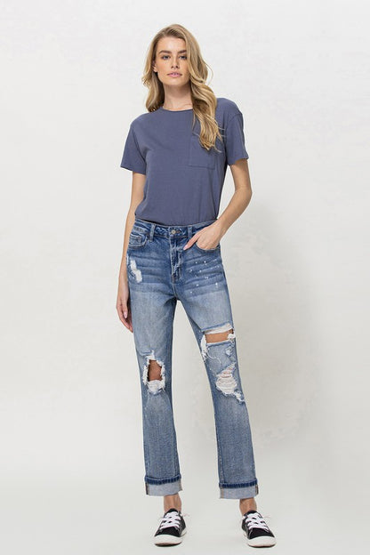 Stretch Mom Jeans w/ Spatter Detail and Cuff VERVET by Flying Monkey