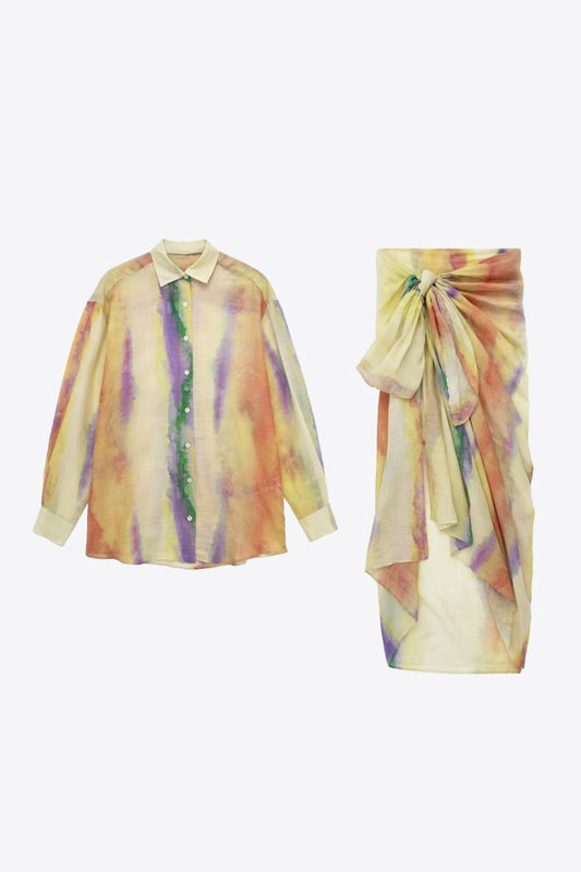 Tie-Dye Long Sleeve Shirt and Tied Skirt Set Trendsi