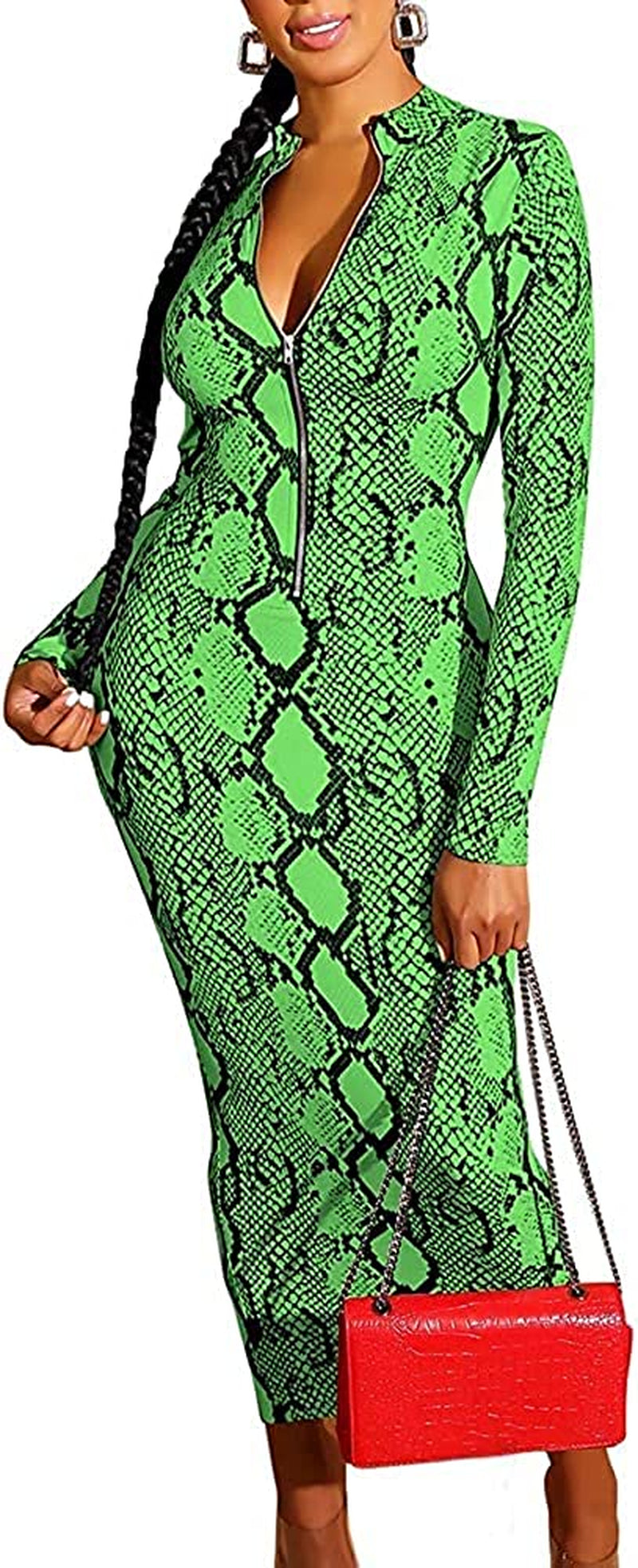 Xuan2Xuan3 Women'S Dresses Fall Long Sleeve Snake Printed Zipper Neck Knit Bodycon Evening Party Long Dress