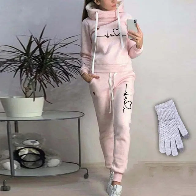 2 Piece Set Autumn Winter Tracksuit Women With Gloves Lomwn