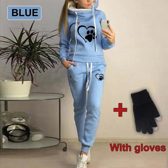 2 Piece Set Autumn Winter Tracksuit Women With Gloves Lomwn