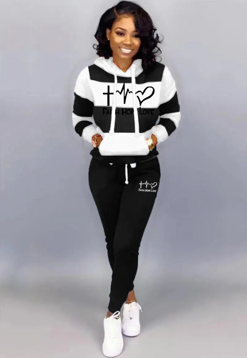 2 Piece Set Sweatshirt Print Hoodies+Pants Sportwear Women Lomwn