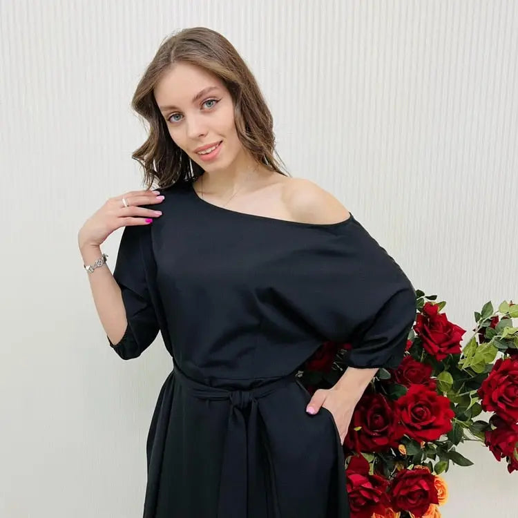 2023 Spring Elegant Women&#39;s Long Formal Dress Black Lace Up Off Shoulder A-line Dresses Female New Fashion Evening Clothes Lady Lomwn