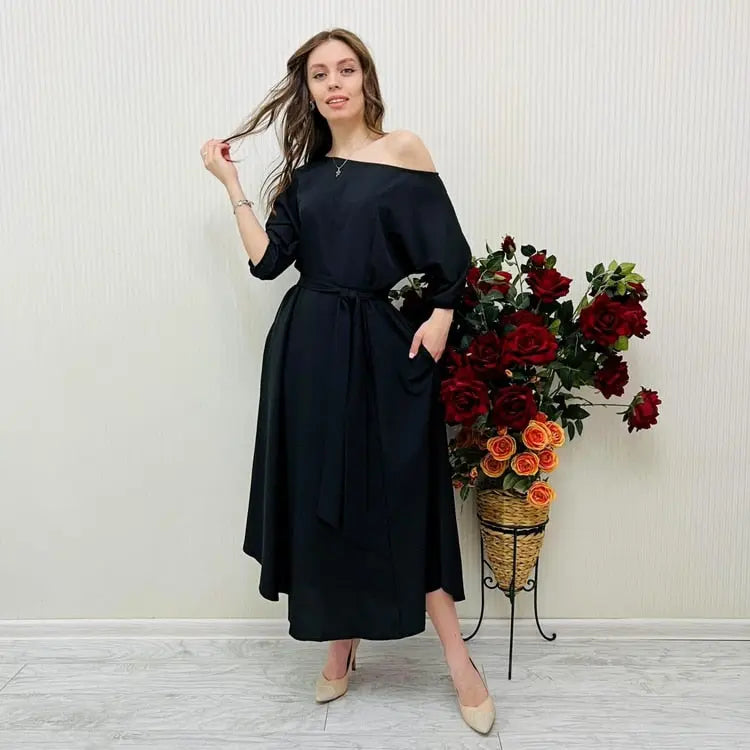 2023 Spring Elegant Women&#39;s Long Formal Dress Black Lace Up Off Shoulder A-line Dresses Female New Fashion Evening Clothes Lady Lomwn