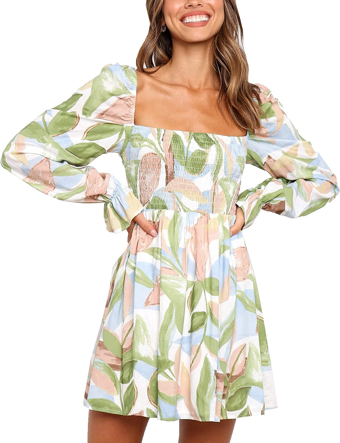 Deerose Womens Floral Chiffon Long Sleeve Mini Dress Summer Flowy Dresses