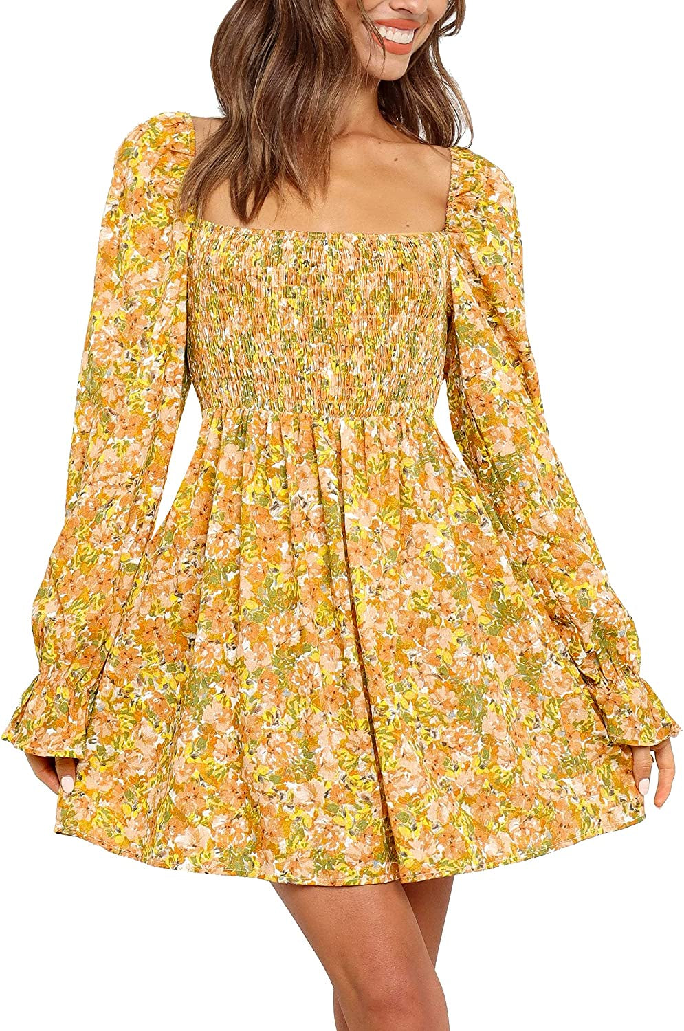 Deerose Womens Floral Chiffon Long Sleeve Mini Dress Summer Flowy Dresses