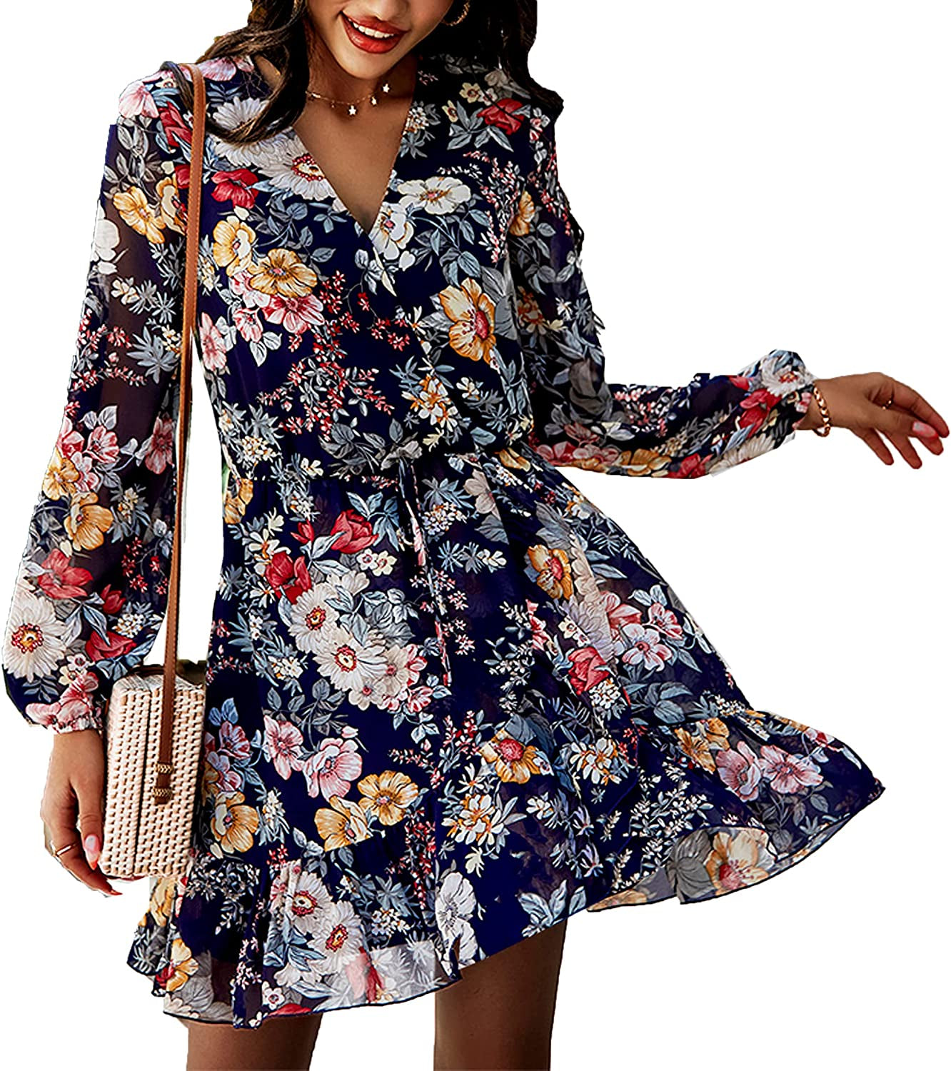 Deerose Womens Floral Chiffon Long Sleeve Mini Dress Summer Flowy Dresses