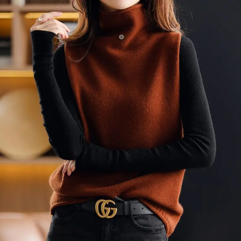 Autumn Winter Loose High Collar Button Sleeveless Sweater Solid Color Elegant Sweater for Women Lomwn
