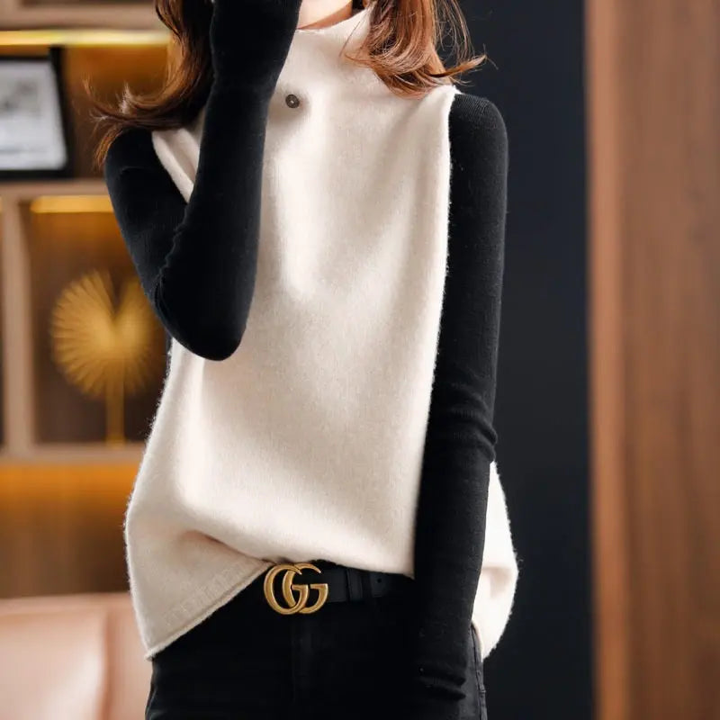 Autumn Winter Loose High Collar Button Sleeveless Sweater Solid Color Elegant Sweater for Women Lomwn