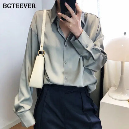 BBTEEVER 2020 New Chic Women Satin Shirts Long Sleeve Solid Turn Down Collar Elegant Office Ladies Workwear Blouses Female Lomwn