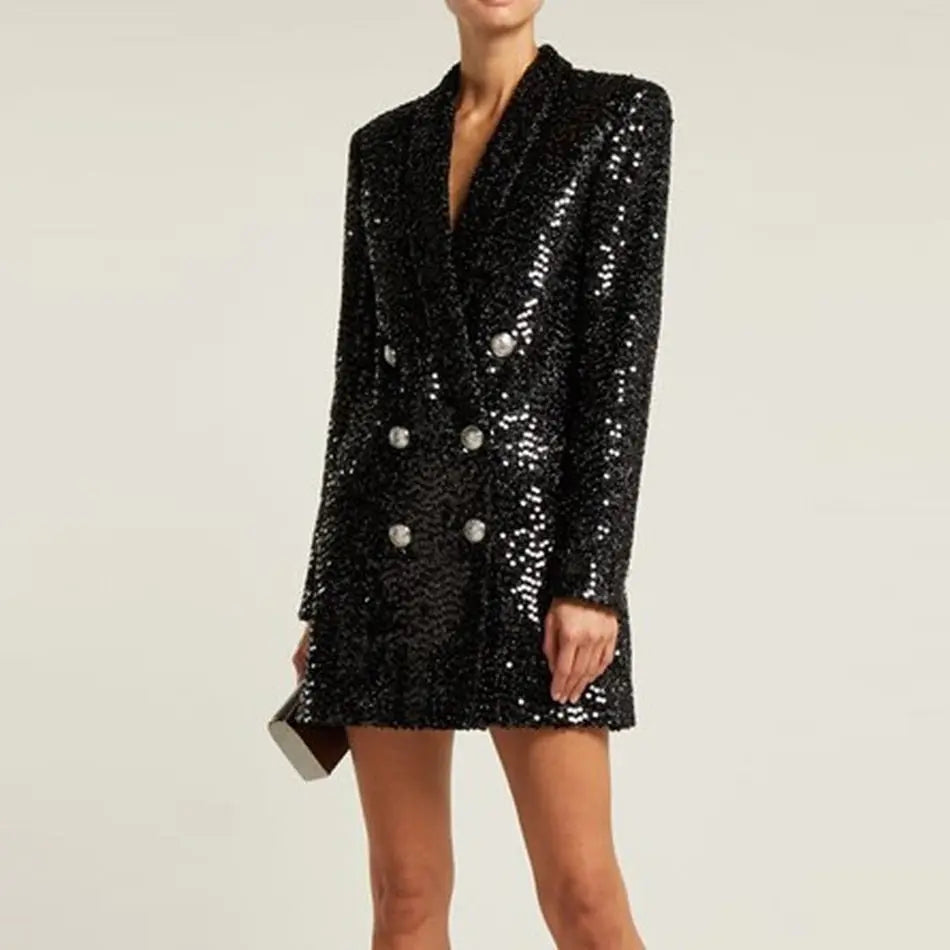 Buttons Shawl Collar Glitter Sequined Long Runway Black Blazers Lomwn
