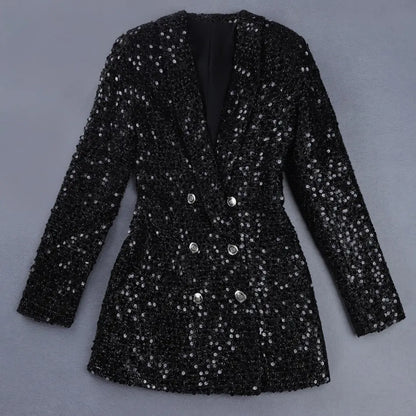 Buttons Shawl Collar Glitter Sequined Long Runway Black Blazers Lomwn