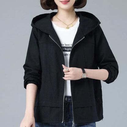 Casual Short Coat Women Clothes 2023 Spring Autumn New Long Sleeve Loose Hooded Jacket Female Middle-Aged Mom Outerwear G2488 Lomwn