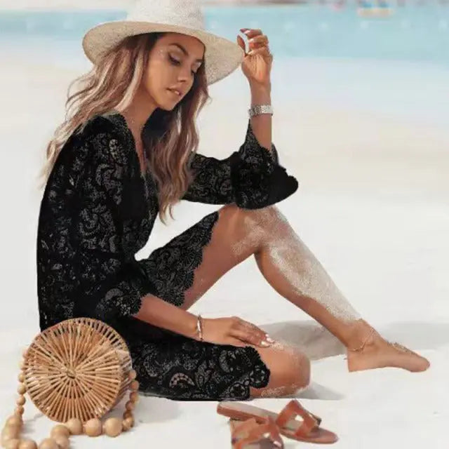 Crochet White Knitted Beach Cover Up Dress Tunic Pareos Bikinis lomwan