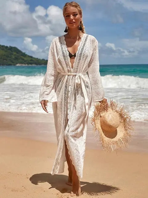 Crochet White Knitted Beach Cover up for women's Lomwn