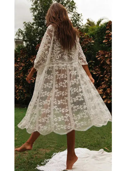 Crochet White Knitted Beach Cover up for women's Lomwn