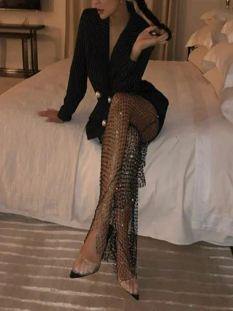 DIRTYLILY Crystal Diamond Shiny Women Pants Summer New Fashion Hollow Out Fishnet Wide Leg Trousers Sexy See Through Beach Pant Lomwn