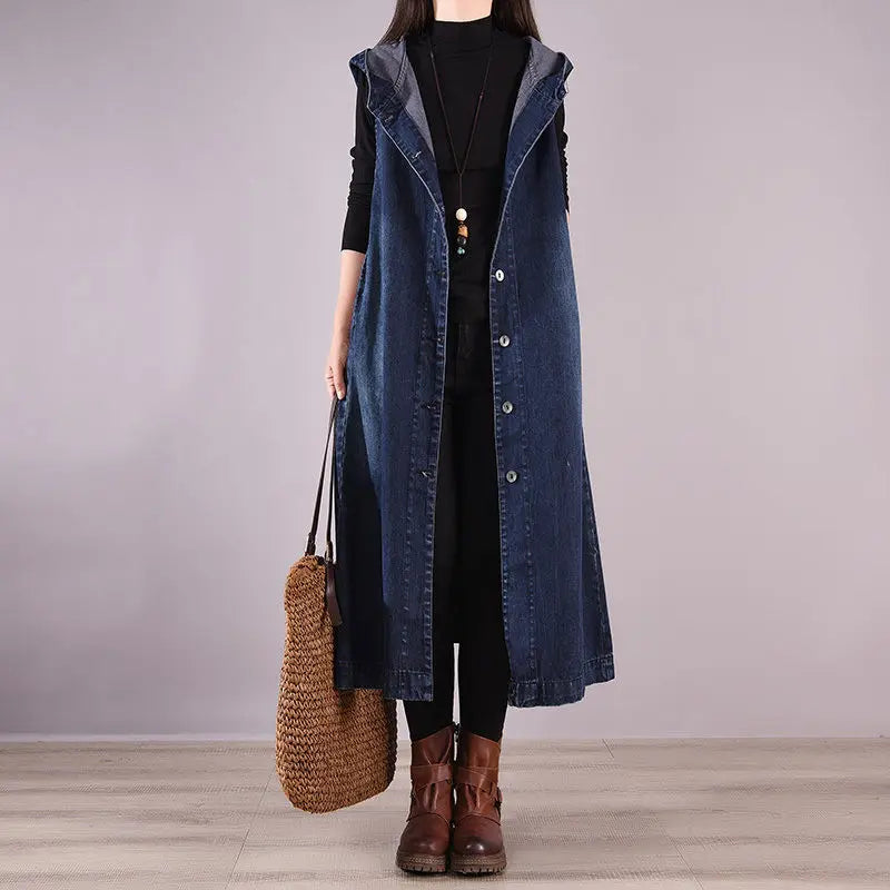 Denim Jacket WomenSpring and Autumn Plus Size Long Sleeveless Hooded Denim Vest Korean Loose Long Denim Jacket  Denim Vest Lomwn
