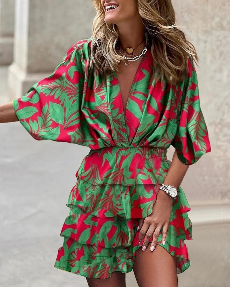 Dress Women Fashion Print Bat Sleeve V-neck Ruffled Mini Lomwn