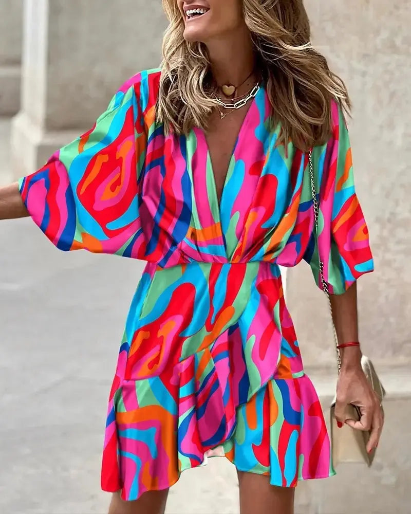 Dress Women Fashion Print Bat Sleeve V-neck Ruffled Mini Lomwn