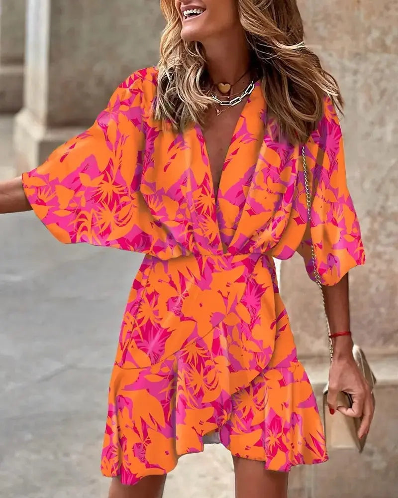 Dress Women Fashion Print Bat Sleeve V-neck Ruffled Mini Lomwn