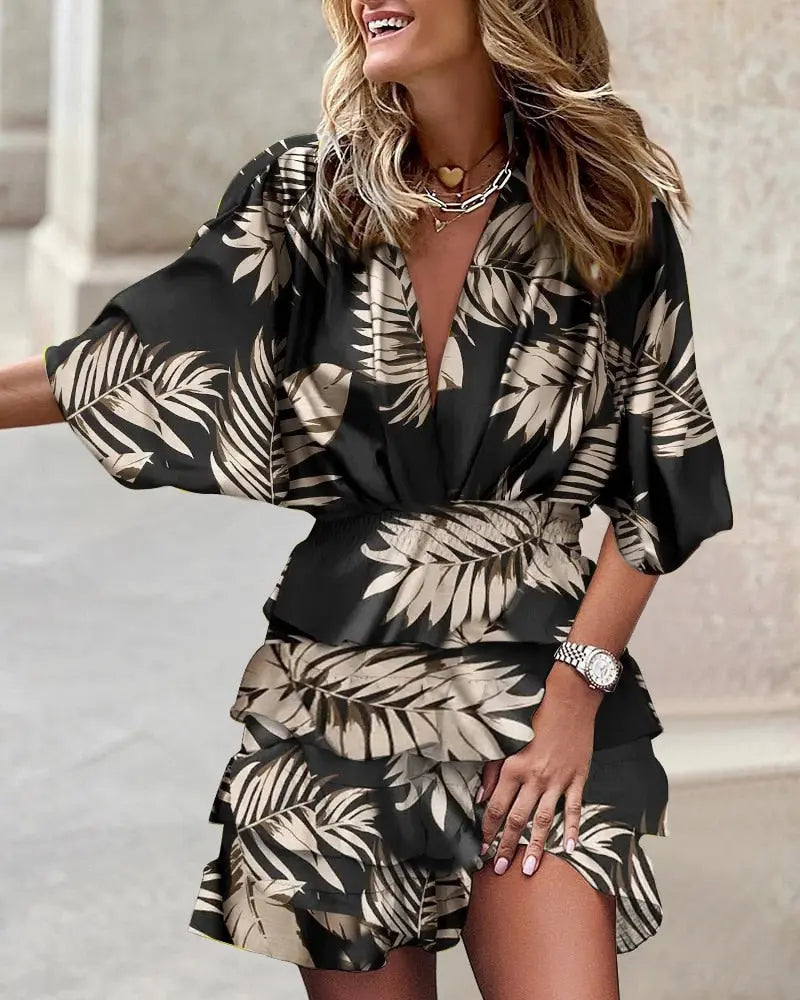 Dress Women Fashion Print Bat Sleeve V-neck Ruffled Mini Lomwn