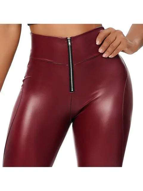 Fashion Zipper Women Pu Legging High Waist Push Up Leather Trousers Slim Stretchy Jeggings Female Warm Long Pants Sexy Leggins Lomwn
