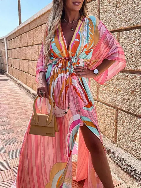 Fitshinling Print Oversized Beach Cover Up Bohemian Loose Long Cardigan Holiday Slim Sexy Casual Bikini Covers Swimwear New In Lomwn