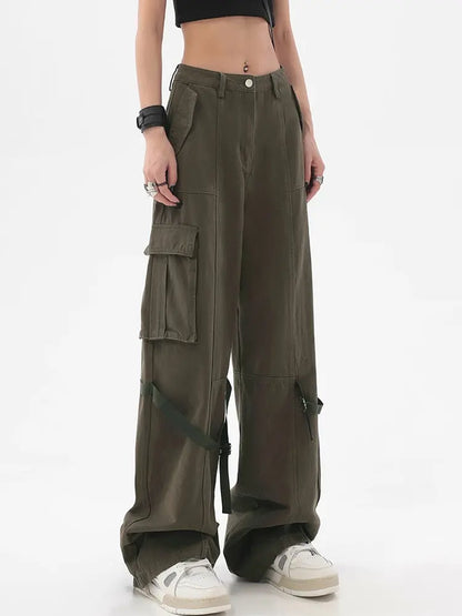 Grunge Streetwear Gray Baggy Overalls Jeans Women Low Waist Oversized Pockets Cargo Denim Pants Hip Hop Wide Leg Trousers Lomwn