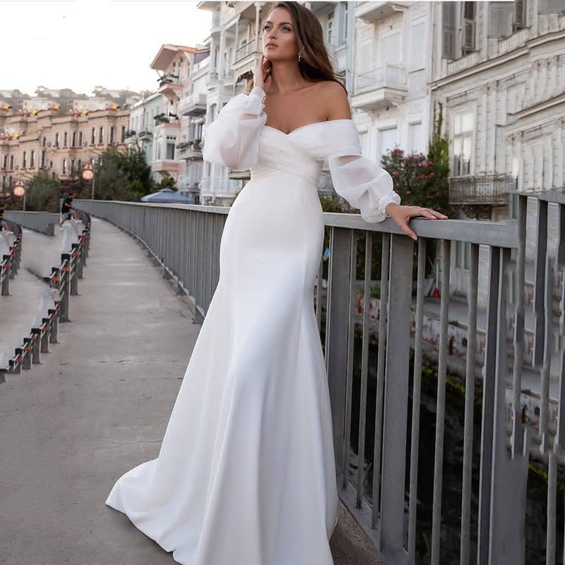 Smileven Satin Mermaid Wedding Dresses Long Fuff Sleeve Sexy Lace Beach Bride Dresses Off The Shoulder Boho Bridal Gowns Lomwn
