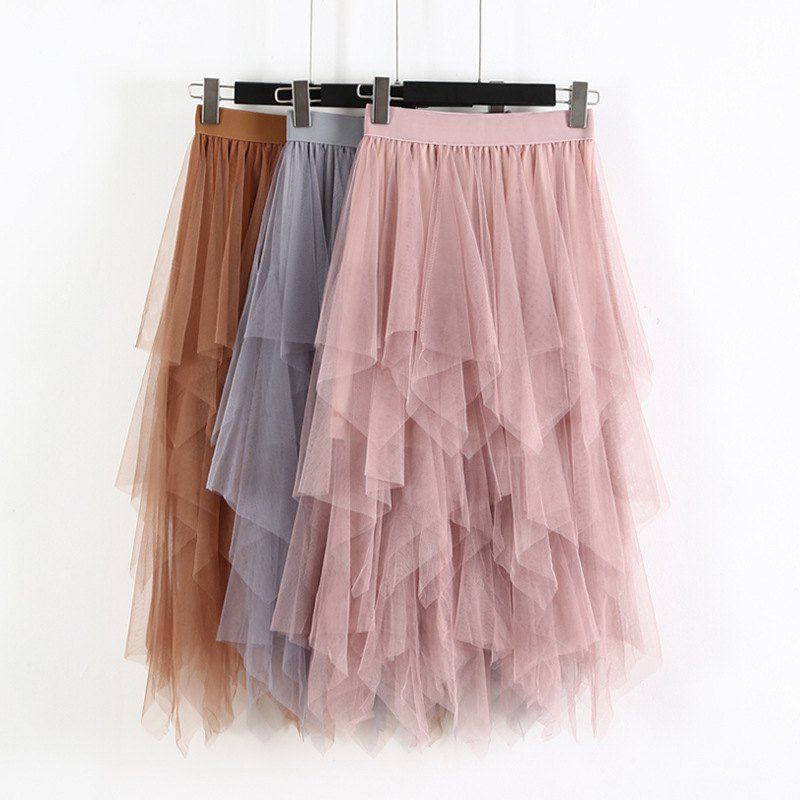 Fashion 2022 Spring Party Skirt Elastic High Waist Long Tulle Skirt Women Irregular Hem Mesh Tutu Skirt Ladies Lomwn
