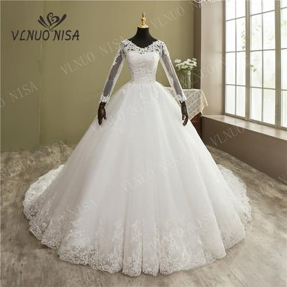 Fashion Elegant Lace Embroidery Long Sleeve Wedding Dress with Train Real Image Gown V Neck Beautiful Plus Size Vestido De Noiva Lomwn