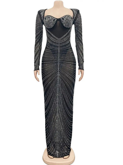 Kricesseen Sexy Mesh Rhinestone Crystal Patchwork Maxi Dress Gown Luxury Women Sheer Diamonds Party Dress Bodycon Night Clubwear Lomwn