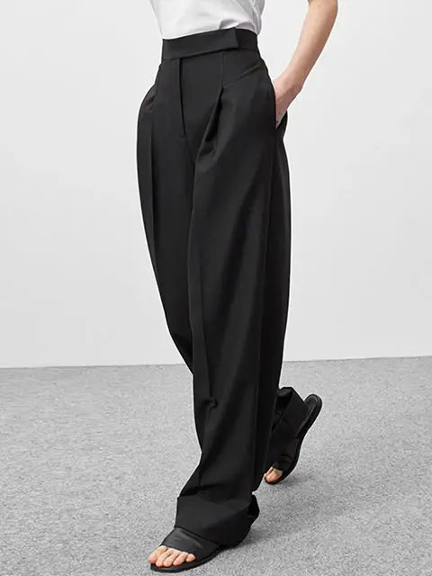 Mnealways 18 Spring Summer Black Ladies Office Trousers Women High Waist Pants Pockets Female Pleated Wide Leg Pants Solid 2022 Lomwn