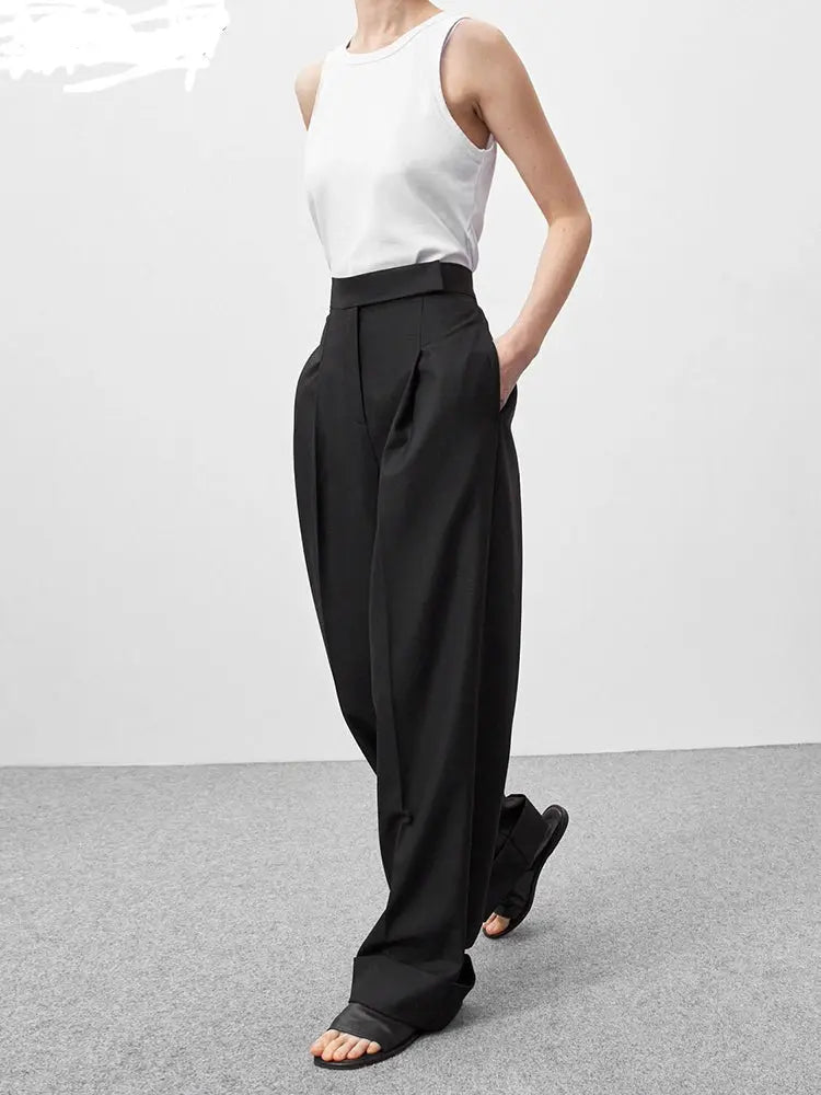 Mnealways 18 Spring Summer Black Ladies Office Trousers Women High Waist Pants Pockets Female Pleated Wide Leg Pants Solid 2022 Lomwn