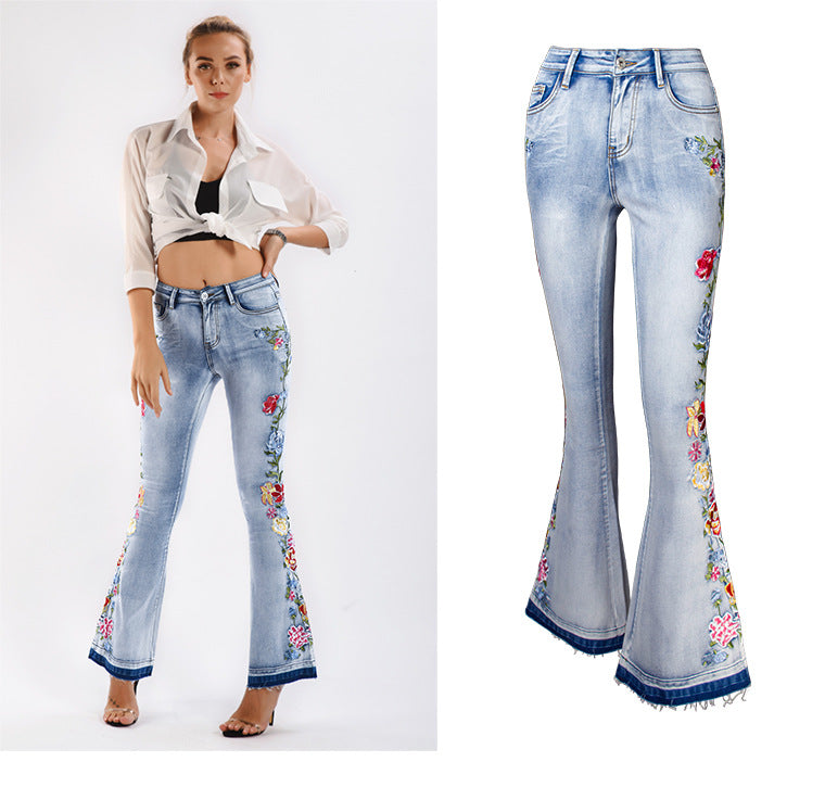 Fashion Stretchy Plus Size Women Flare Jeans Pant 3d Flower Embroidery  Explosive