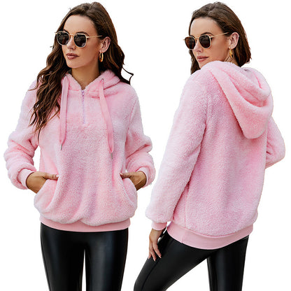 Amazon autumn and winter cross-border Europe and America long sleeve zipper hooded collar solid color women's sweater sweater jacket with pockets FashionExpress