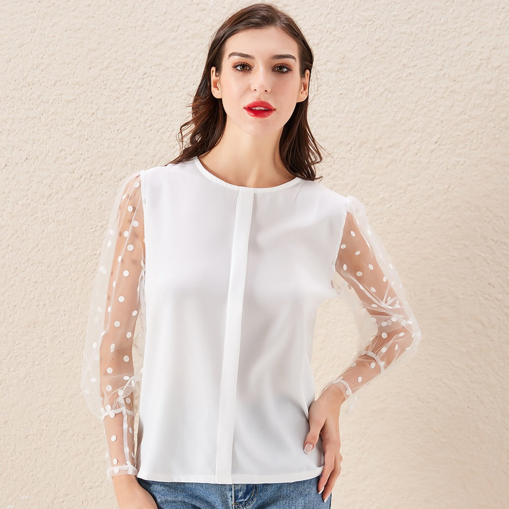 Women's fashionable elegant polka dot lace lantern sleeve round neck shirt FashionExpress