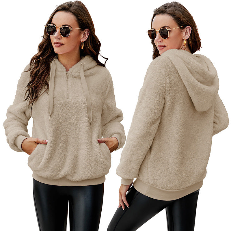 Amazon autumn and winter cross-border Europe and America long sleeve zipper hooded collar solid color women's sweater sweater jacket with pockets FashionExpress