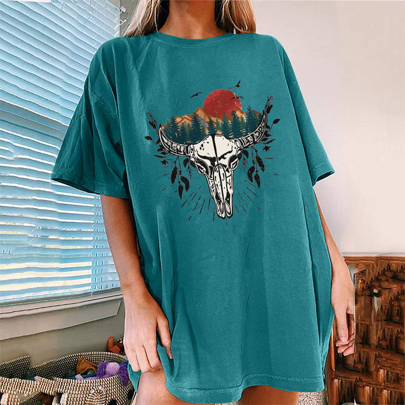 Women's Western Bullhead Print Short Sleeve T-Shirt kakaclo